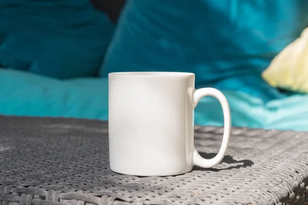 White Blank Coffee Mug Mock Set Rattan Table Cushions Background — Stock Photo, Image