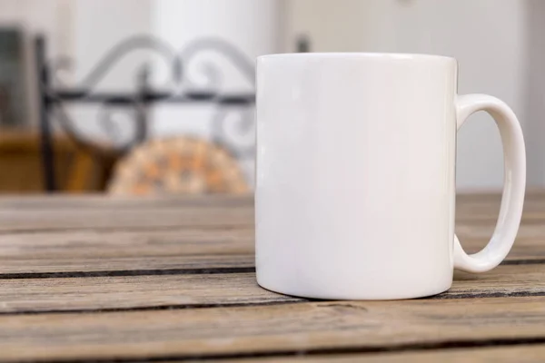 White Blank Coffee Mug Mock Set Little Wooden Table Ironwork — Stock Photo, Image