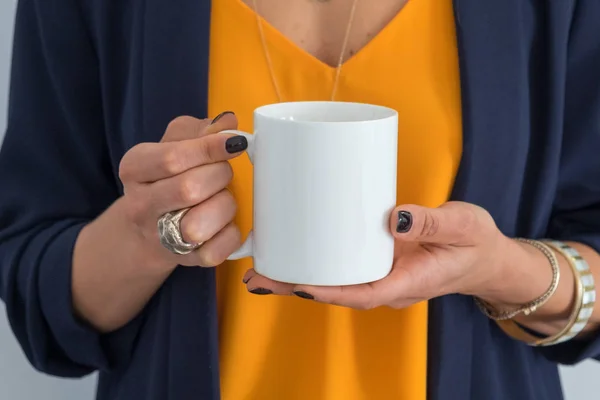 Womans Hands Holding White Mug Perfect Displaying Your Quote Design — Stock Photo, Image