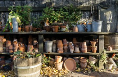romantik pastoral bitki tablo bahçesinde bulunan eski retro çömlek saksı, araçları ve bitkiler