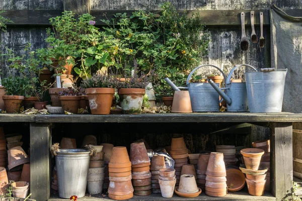 Romantique table de plantes idylliques dans le jardin avec de vieux pots de pot de fleurs rétro, outils et plantes — Photo