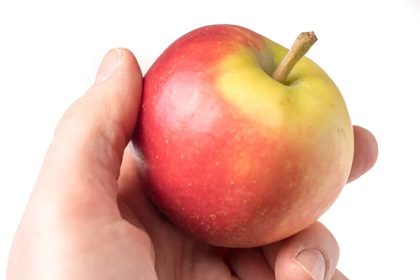 Causasian Ręka Trzyma Jabłko Białym Tle — Zdjęcie stockowe