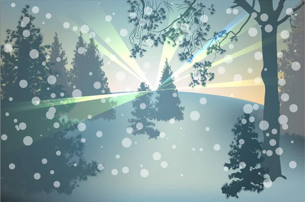 Winterurlaubslandschaft. Weihnachten Vektor Illustration mit verschneiten Wald. — Stockvektor