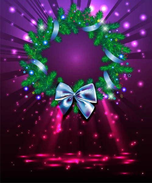 Christmas wreath with a blue bow and sparks — Stock Vector