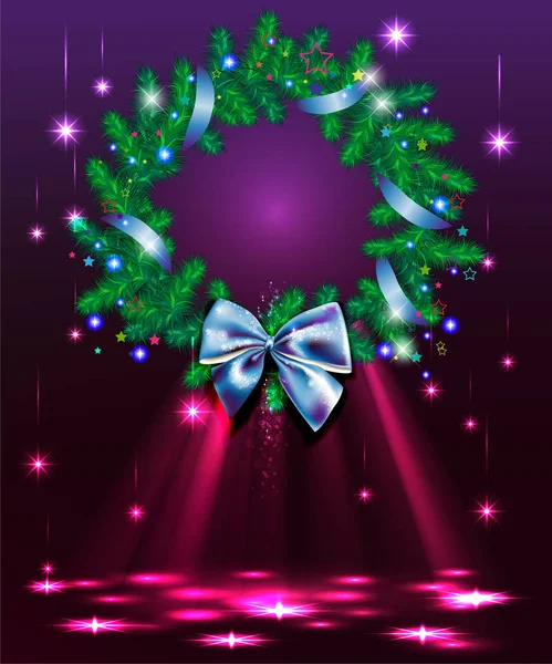 Christmas wreath with a blue bow and sparks — Stock Vector