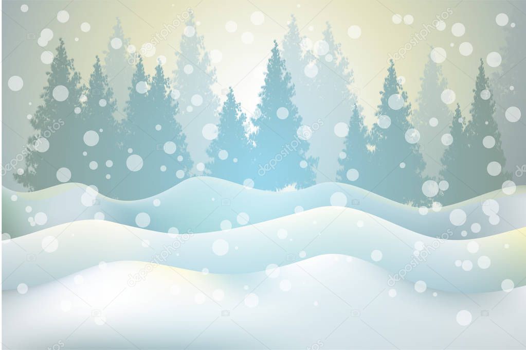 Winter holidays landscape. Christmas vector Illustration with snowy forest.