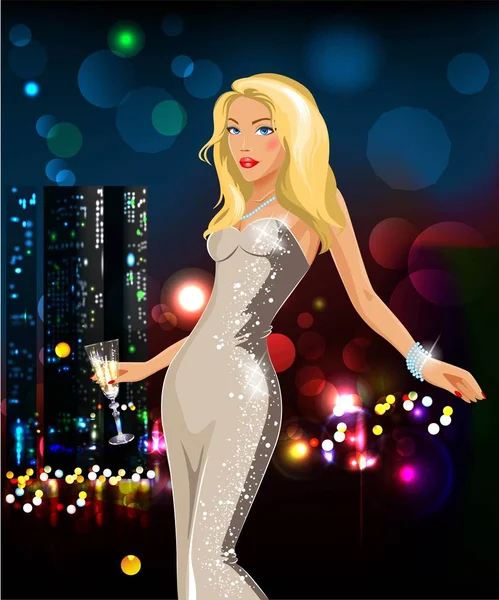 Belle femme blonde avec un verre dans la main — Image vectorielle