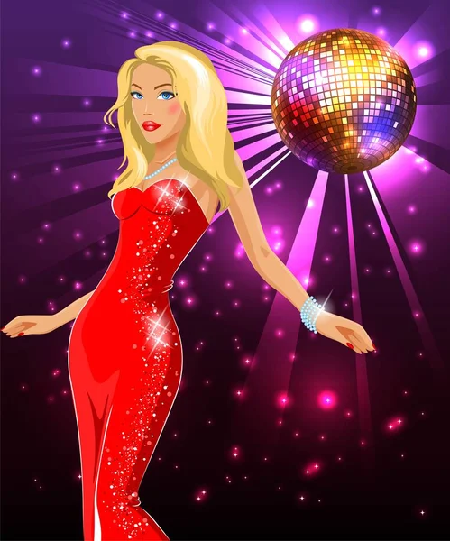 Blonde in a red dress at a disco — Stock Vector
