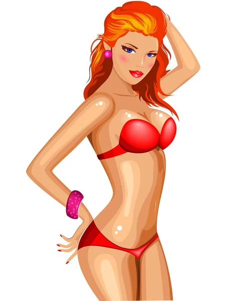 Hermosa chica pelirroja en traje de baño rojo — Vector de stock