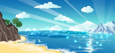 Tatil arka plan. Palmiye ağaçları ve mavi deniz ile plaj.