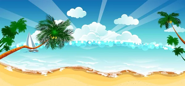 Fond de vacances. Plage avec palmiers et mer bleue . — Image vectorielle