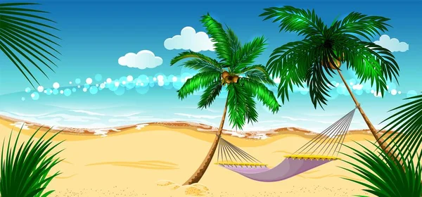 海滩度假。棵棕榈树之间的吊床. — 图库矢量图片