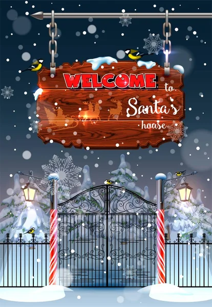 Willkommen Haus Des Weihnachtsmanns Weihnachtsdesign Mit Eisentoren Und Laternen — Stockvektor