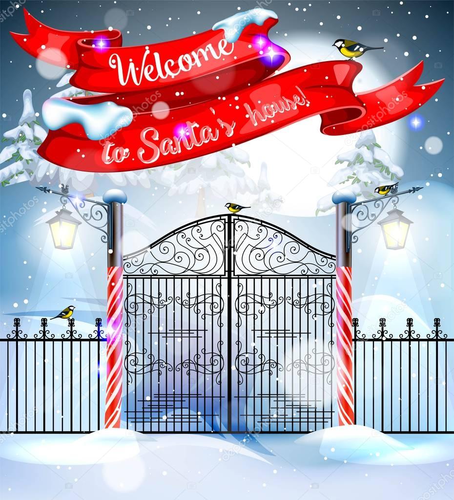 Welcome to Santa's house. Christmas design with iron gates and lanterns.