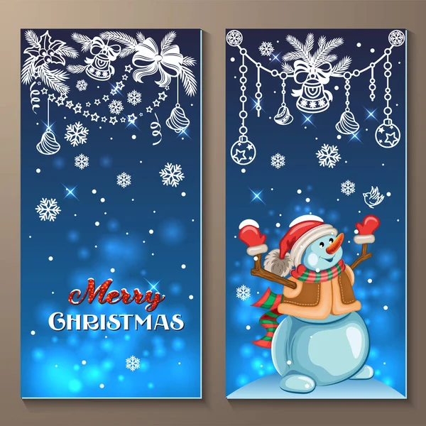 Χριστουγεννιάτικες Κάρτες Χιονάνθρωπος Καμπάνες Και Στολίδια Διακοπών — Διανυσματικό Αρχείο