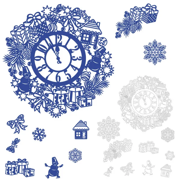 Modèle Découper Main Sur Traceur Horloge Nouvel Décorée Flocons Neige — Image vectorielle