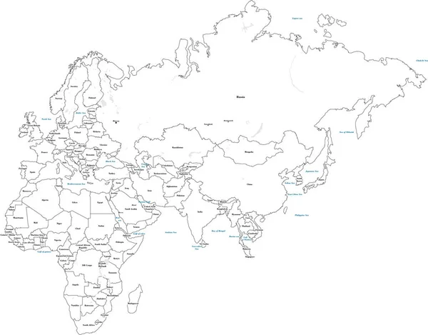 黒の輪郭と国の名前を持つ白い世界地図 ストックベクター