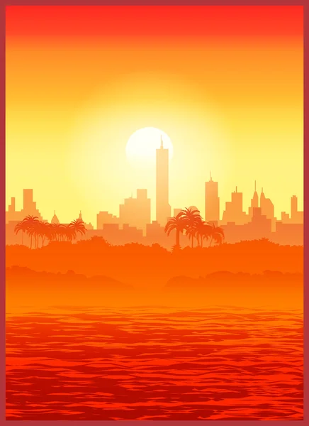 Ciudad grande al atardecer — Vector de stock