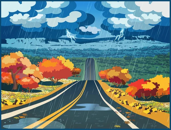 Autumn road through the valley — Stock Vector