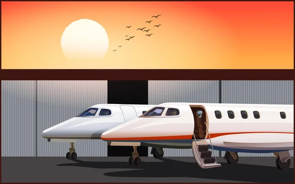 Luxe zakenvliegtuigen bij zonsondergang — Stockvector