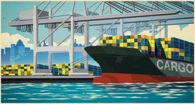 Loading containers on container ship retro poster clipart