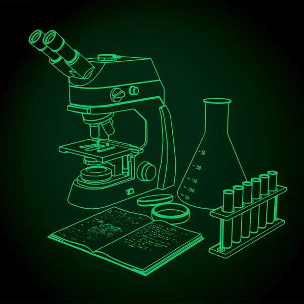 Laboratory microscope and test tubes for experiments — Stock Vector