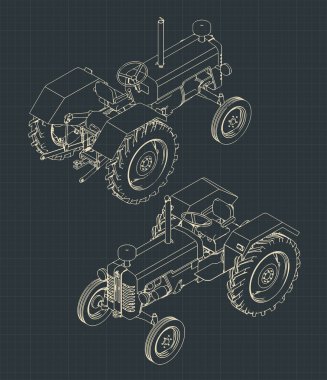 İzometrik çizimlerde bir traktörün biçimlendirilmiş vektör çizimleri