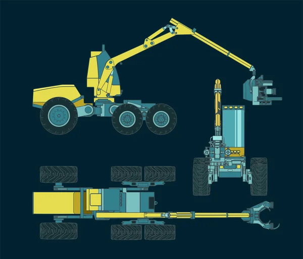 Stylized Vector Illustrations Forest Harvester Machine Colorful Blueprints — Stock Vector