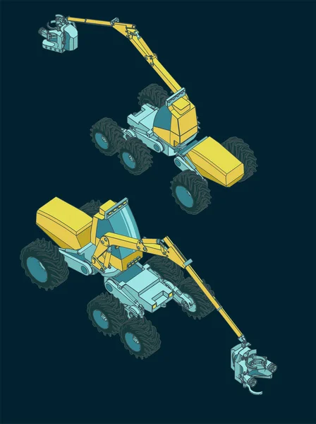 Illustrations Vectorielles Stylisées Une Machine Récolte Forestière Vue Isométrique — Image vectorielle