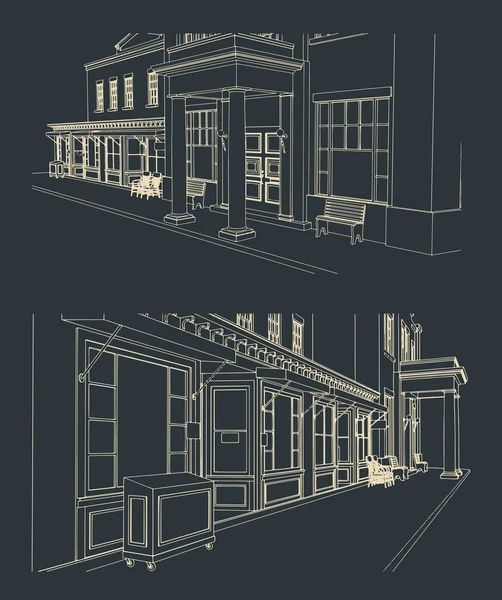 带有商店橱窗和立面的老街的样式化矢量草图 — 图库矢量图片