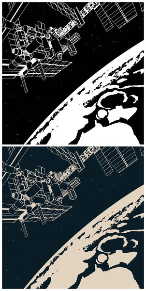 Stilisierte Vektorillustration Von Raumfahrzeugen Orbit Eines Fernen Planeten — Stockvektor