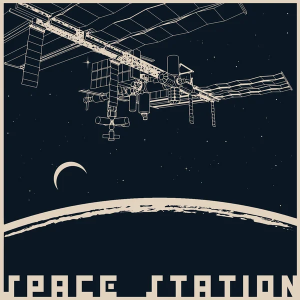 Stilizált Vektor Illusztráció Űrhajó Pályáján Egy Távoli Bolygón — Stock Vector