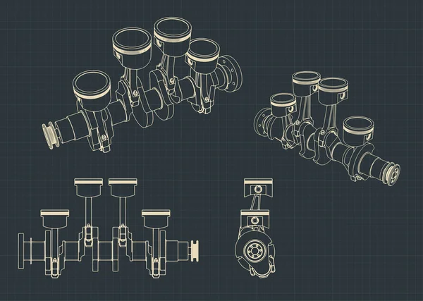 クランクシャフトを持つピストングループの図面のスタイルベクトルイラスト — ストックベクタ