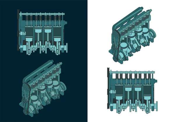 Stilizált Vektoros Illusztrációk Négyhengeres Dízelmotor Kivágási Rajzokhoz — Stock Vector
