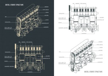 Dizel dört silindirli motorun vektör çizimleri ve temel yapısı