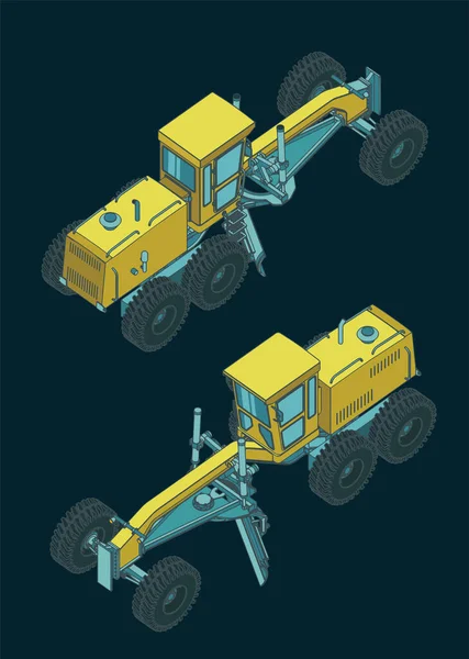 Стилизованная Векторная Иллюстрация Изометрических Цветных Рисунков Автогрейдера — стоковый вектор