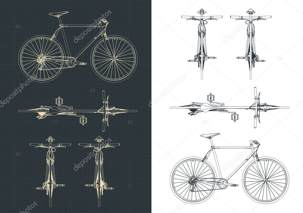 Stylized vector illustrations of outline and drawings of a road bike