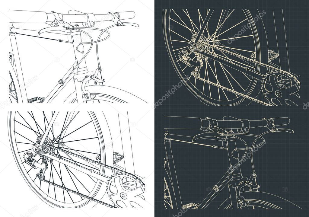 Stylized vector illustration of outline and drawings of a road bike close-up