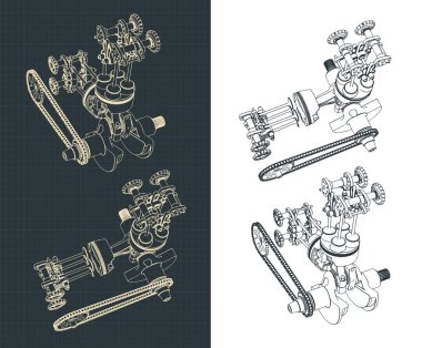 Mekanik zincir iletim çizimleri olan 2 silindirli motorun biçimlendirilmiş vektör çizimi