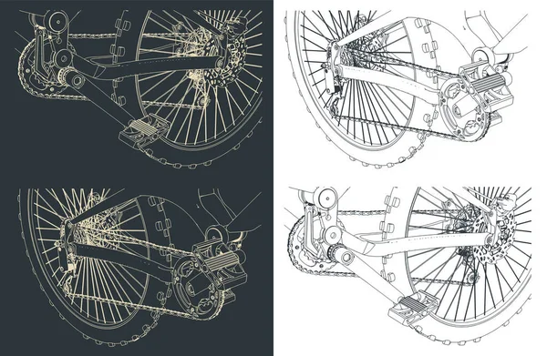 Bir Dağ Bisikletinin Yakın Plan Çizimlerinin Biçimlendirilmiş Vektör Çizimleri — Stok Vektör