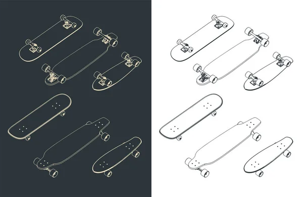 Stiliserad Vektor Illustration Temat Skateboard Skateboards Isometriska Ritningar Mini Set — Stock vektor