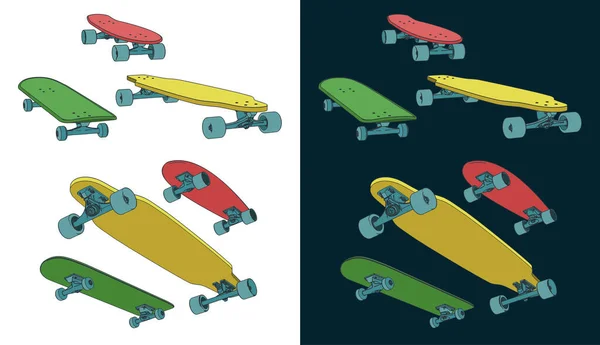 Illustrazione Vettoriale Stilizzata Sul Tema Dello Skateboard Skateboard Mini Set — Vettoriale Stock