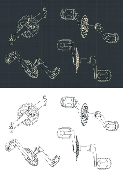 Vektorillustration Von Zeichnungen Eines Fahrradteils Fahrradkurbel Mit Pedalen — Stockvektor