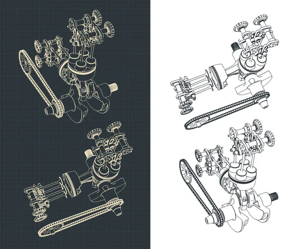 Illustrazione Vettoriale Stilizzata Del Motore Motociclistico Bicilindrico Con Disegni Meccanici — Vettoriale Stock