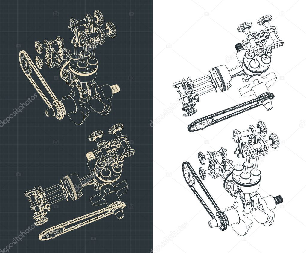 Stylized vector illustration of Two-cylinder Motorcycle engine with mechanical chain transmission drawings