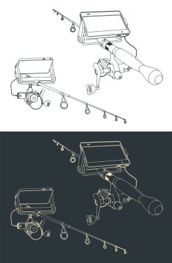 Teleskopik balıkçı oltasının balık bulucu LCD ile dönmesinin biçimlendirilmiş vektör çizimi