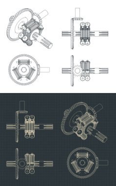 Torsen diferansiyel çizimlerinin biçimlendirilmiş vektör illüstrasyonu mini Set