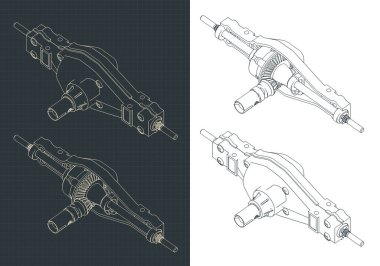 Kamyonun arka diferansiyelinin izometrik çizimlerinin biçimlendirilmiş vektör çizimi