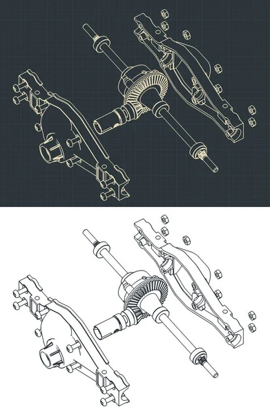 Stilizált Vektor Illusztráció Szétszerelt Teherautó Hátsó Differenciáljának Izometrikus Rajzairól — Stock Vector
