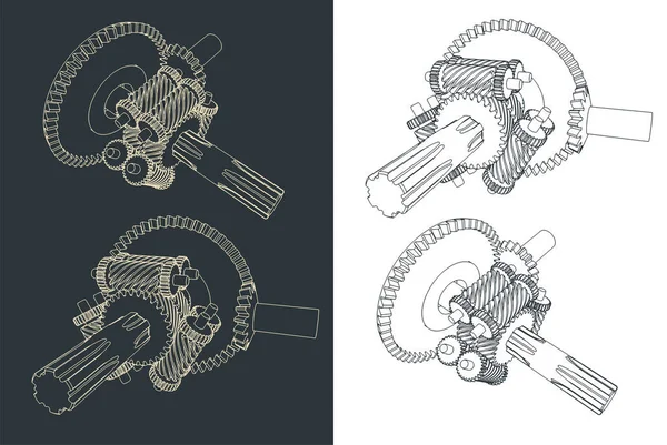 Torsen Diferansiyel Çizimlerinin Biçimlendirilmiş Vektör Illüstrasyonu Mini Set — Stok Vektör